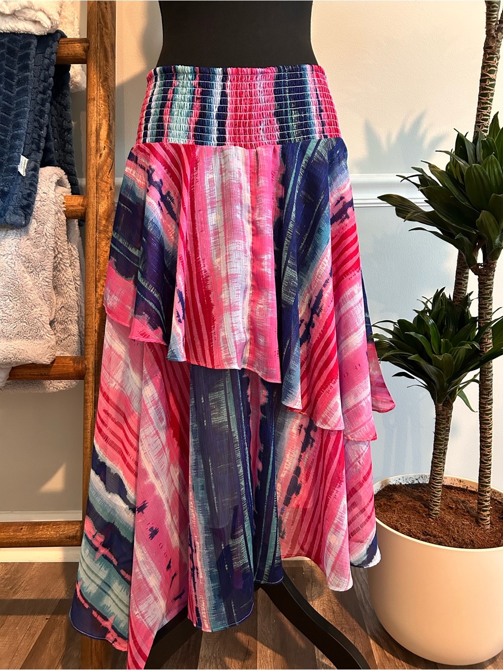 INC International Concepts Pink & Blue High-Low Tiered Skirt Size Medium